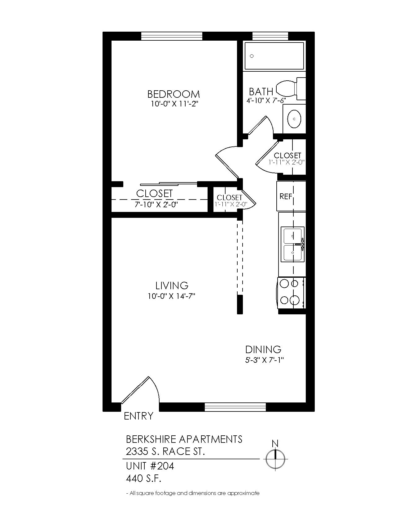 Floor plan for 1 bed, 1 bath, 435 sqft